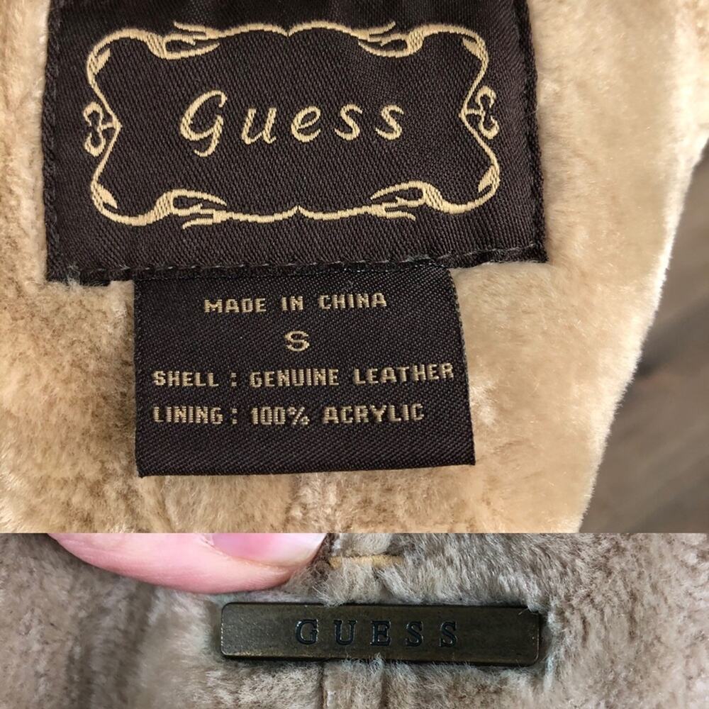VTG Guess Shearling 100% Leather Patchwork Tan Fu… - image 13